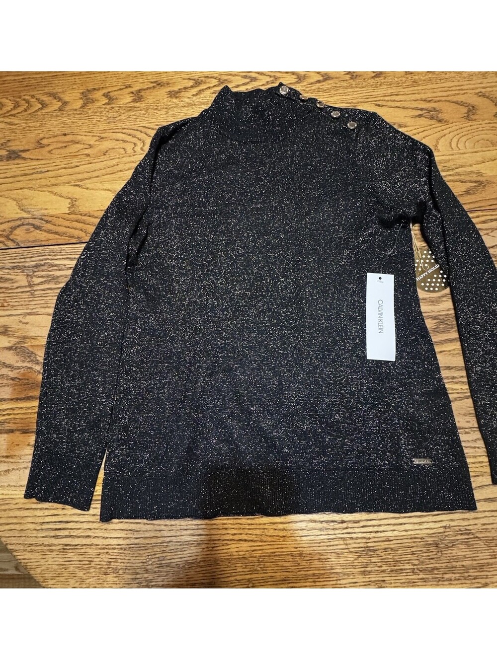 NWT Calvin Klein Womens S Black Gold Metallic Mock Neck Sweater Holiday Party